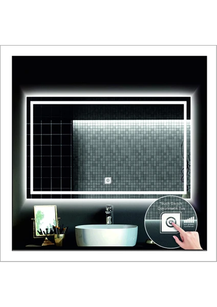 60X80 cm Beyaz Ledli Tasarım Kumlamalı Dokunmatik Tuşlu Banyo Aynası Makyaj Aynası Işıklı Ayna